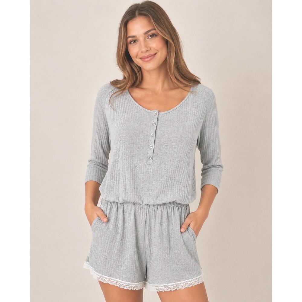 Victoria's Secret Gray Ribbed Lace Trim Henley Loungewear Romper Womens Medium
